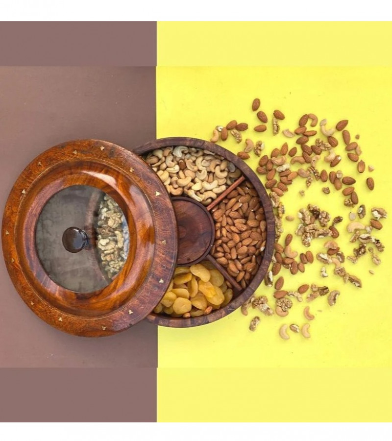 Dry Fruit Bowl - Wooden Dry Fruit Bowl with Brass Hand Work - Wooden Dry Fruit Box Round - Wooden Bowl